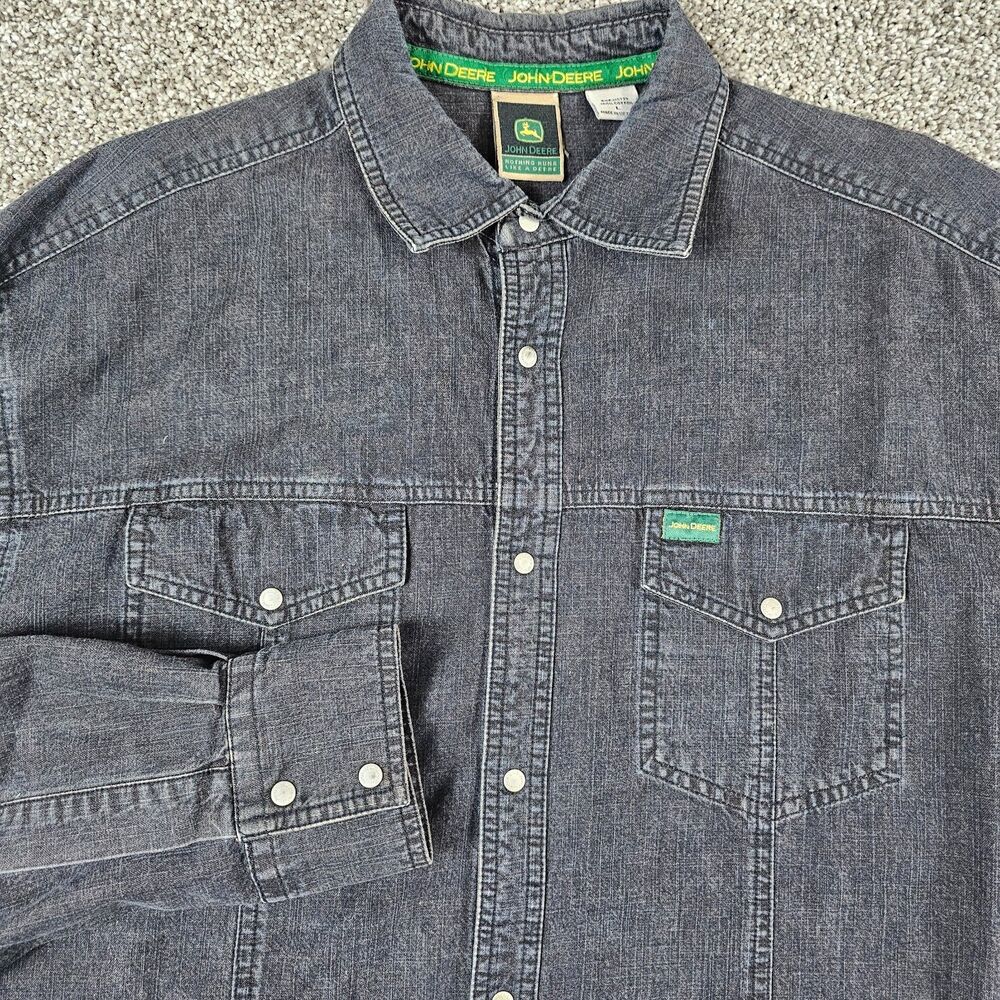John Deere Shirt Mens Large Black Chambray Snaps Long Sleeve Workwear Western